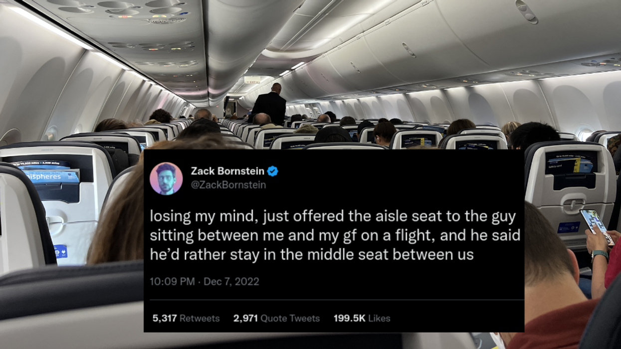 Image of people on a plane with a tweet overlayed on top. Tweet reads, "losing my mind, just offered the aisle seat to the guy sitting between me and my gf on a flight, and he said he'd rather stay in the middle seat between us."