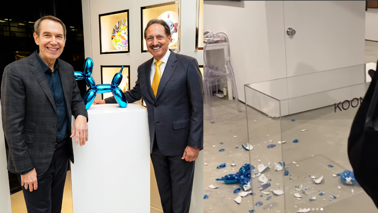 Image of the Balloon Dog sculpture; the shattered sculpture