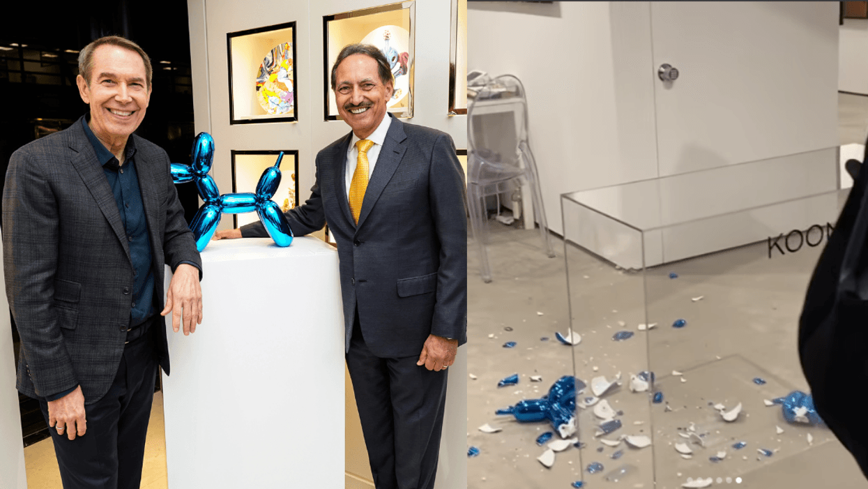 Image of the Balloon Dog sculpture; the shattered sculpture