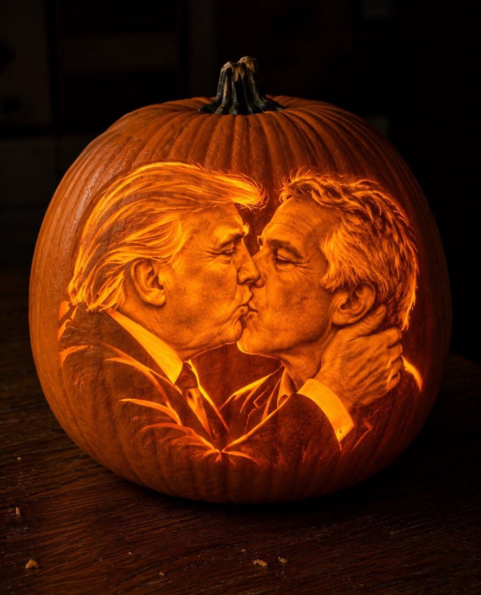 Image showing a pumpkin with a kissing Donald Trump and Jeffrey Epstein carved into it