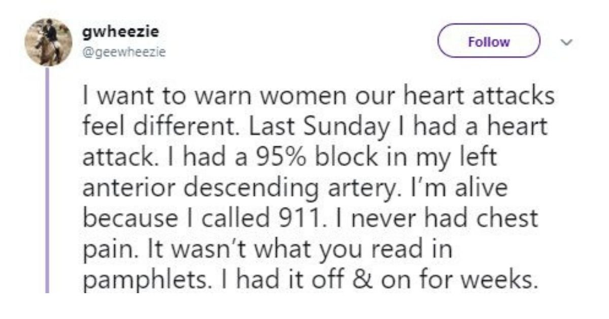 Woman Shares Her Heart Attack Symptoms To Show How They Can Differ Between Men And Women