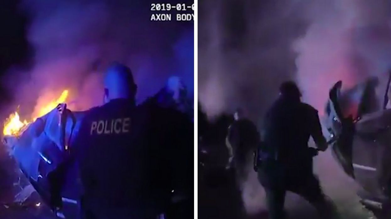 Rescuers Hailed As Heroes After Body Cam Catches Daring Rescue Of Man From Fiery Car Crash