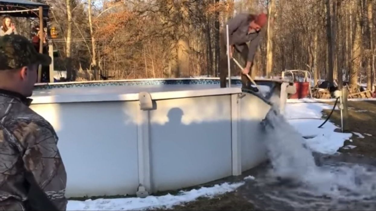 Some Genius Set A Video Of A Guy Riding A Giant Sheet Of Ice Out Of A Pool To The 'Pirates Of The Caribbean' Theme