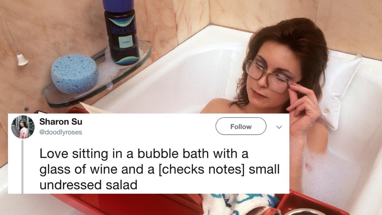 Someone Is Hilariously Roasting Bathtub Tray Ads For The Bizarre Things They Think People Do While Bathing