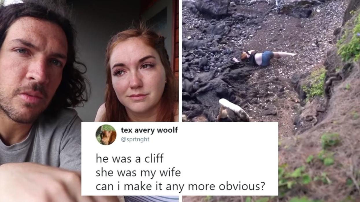 YouTuber's Dramatic Reaction To His Wife Falling Off A 'Cliff' Naturally Gets The Meme Treatment
