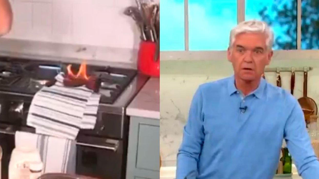 Morning Show Hosts Freak Out As Chef Doesn't Realize Towel Behind Him Caught On Fire During Cooking Segment