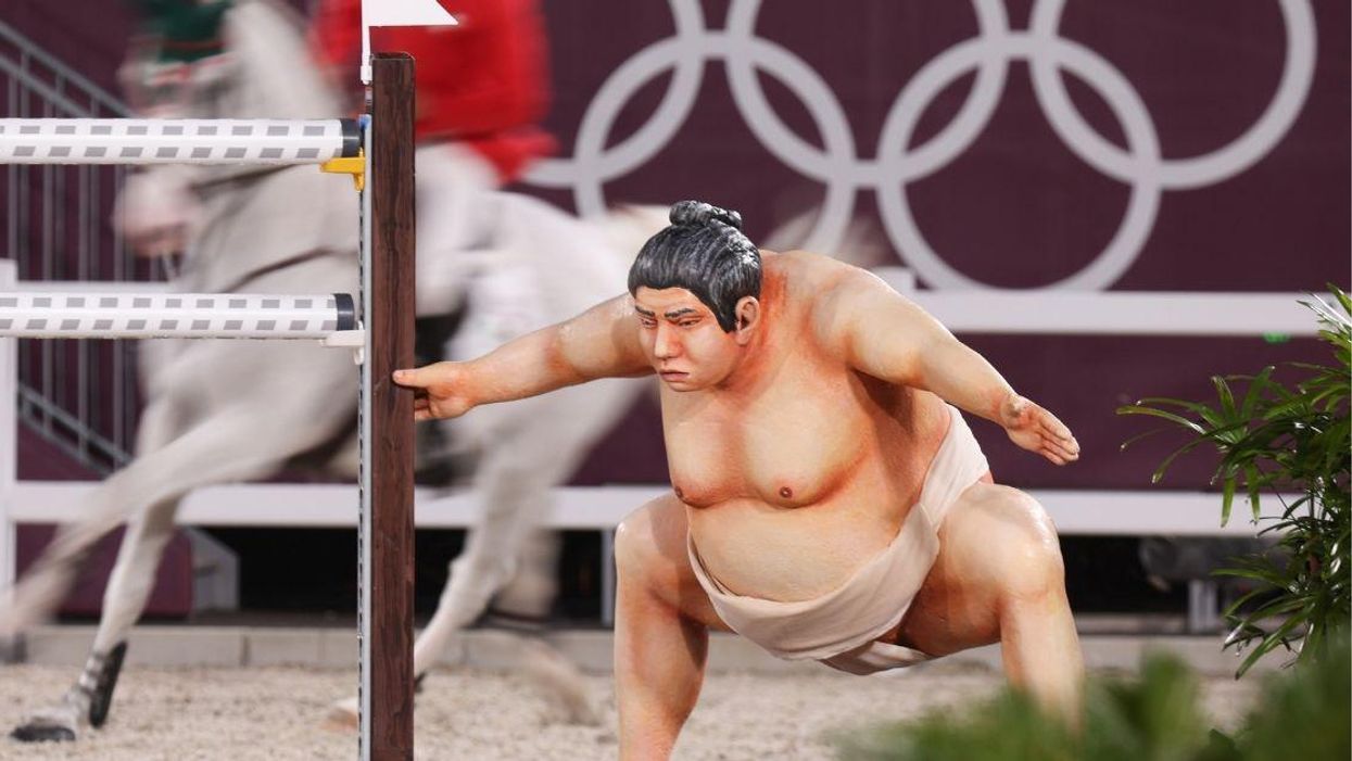 Olympic Equestrian Riders Say Their Horses Are Spooked By 'Very Realistic' Sumo Wrestler Statue