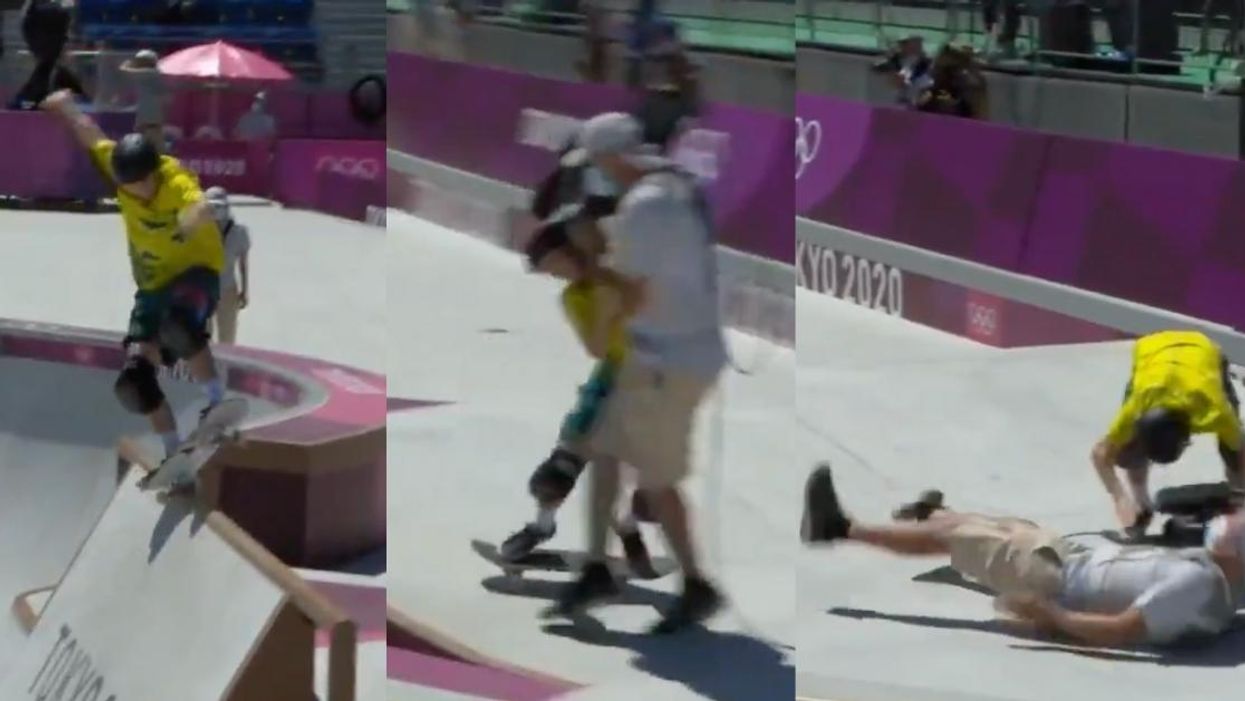 Olympic Skateboarder Accidentally Finishes His Run By Taking Out A Cameraman–And, Ouch