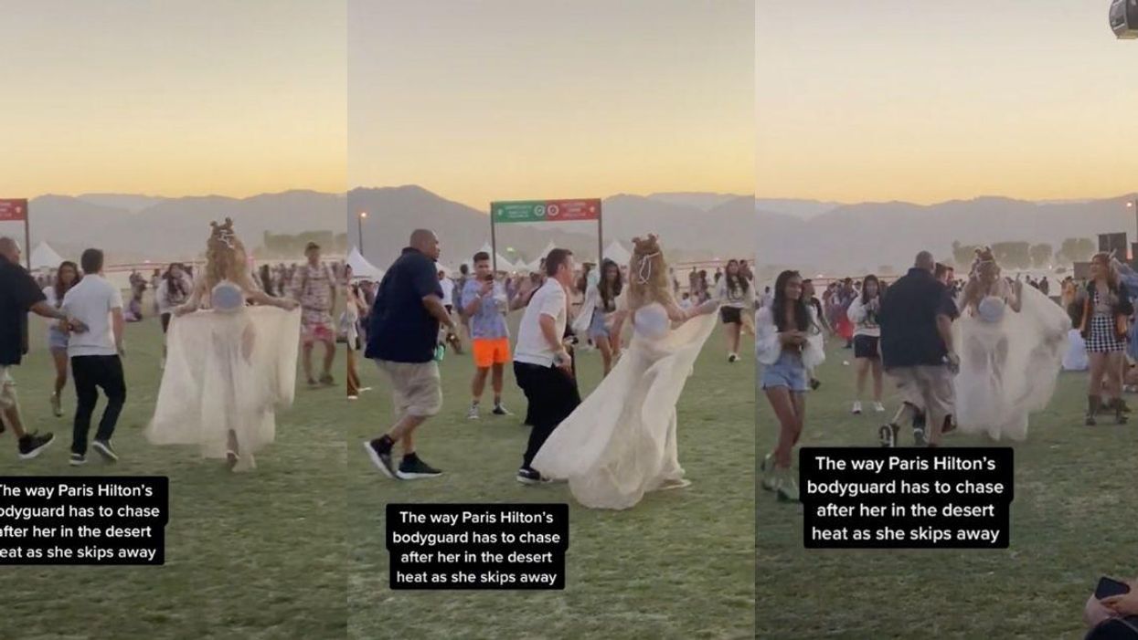 Video Of Paris Hilton's Bodyguard Trying To Keep Up With Her As She Prances Through Coachella Has Fans LOLing