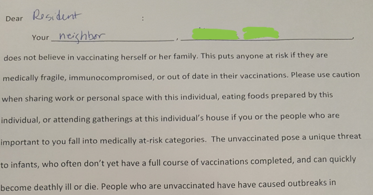 Concerned Moms Out Their Anti-Vax Neighbor In Powerful Viral Letter