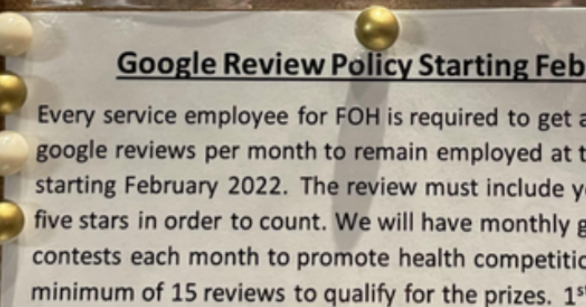 New Jersey Restaurant Slammed After Threatening To Fire Workers If They Don't Get 5-Star Reviews