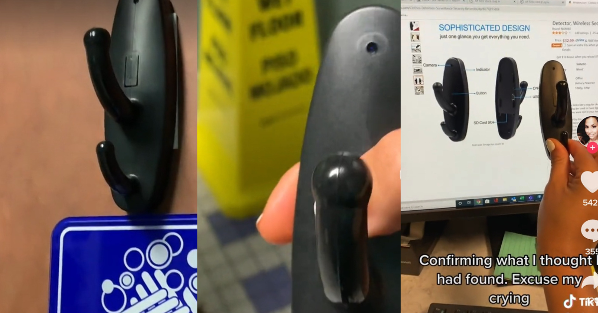 TikToker Horrified After Discovering Hidden Camera Disguised As A Coat Hook In Office Bathroom