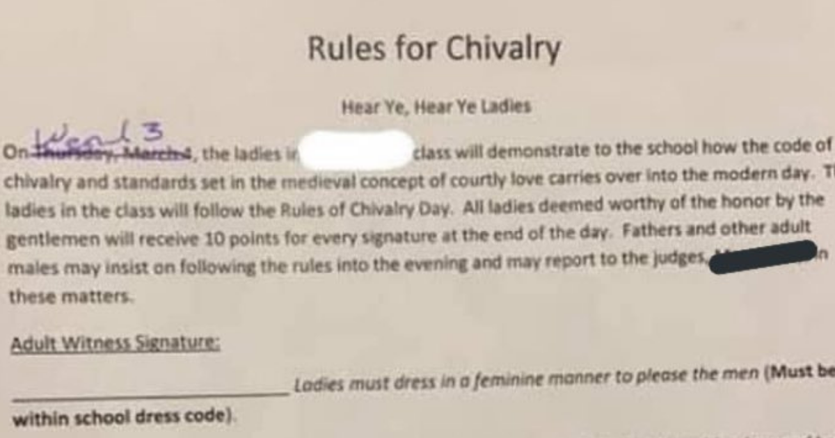 Texas School's 'Chivalry' Assignment Telling Girls To Obey Men And Dress To 'Please' Them Sparks Backlash