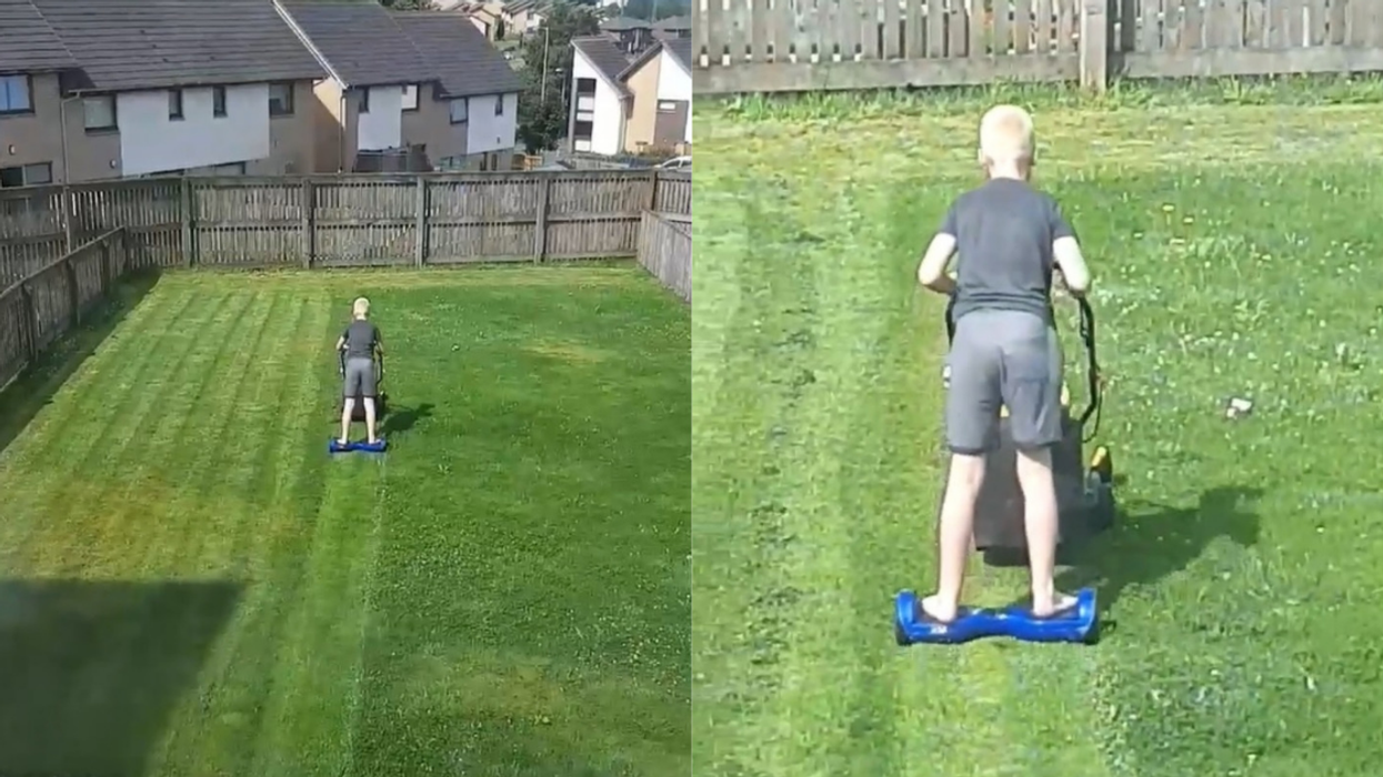 Boy Goes Viral For His Creative Approach To Mowing The Lawn After Hurting His Leg
