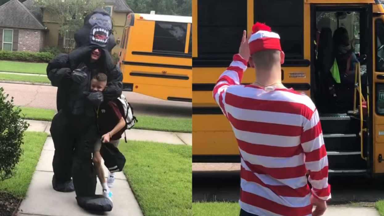 Teen Greets Little Brother Coming Home From School By Dressing Up In A Different Costume Every Day