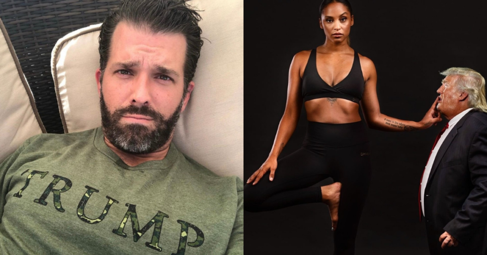 Times Square Ad From Women's Active Wear Co. Features Woman Hog Tying Donald Trump Lookalike and Don Jr. Is Pissed