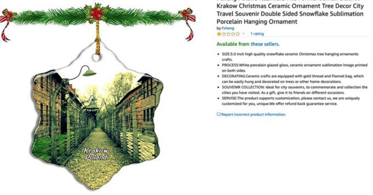 Amazon Removes 'Insensitive' Christmas Ornaments Featuring Images Of Auschwitz Following Backlash