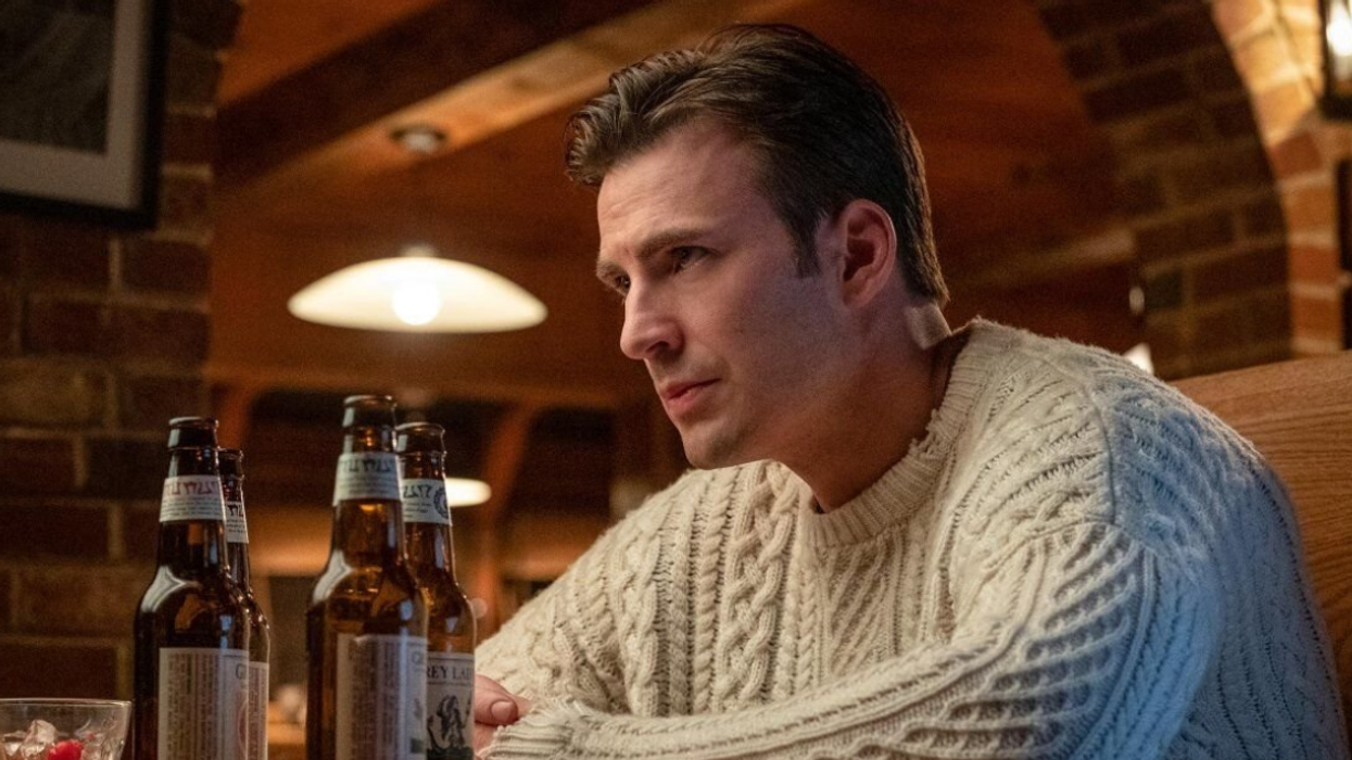Chris Evans' Sweater Game Was On Point In 'Knives Out'—But His Own Dog Is Giving Him A Run For His Money