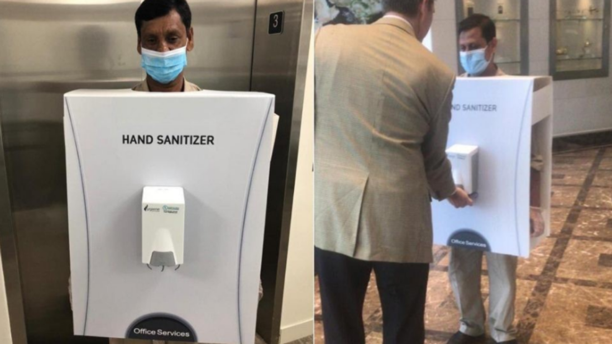 Giant Global Oil Company Prompts Outrage For Using Migrant Worker As A Human Hand Sanitizer Dispenser