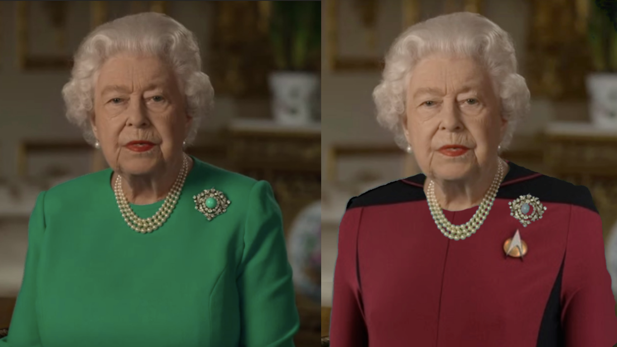 The Internet Had A Field Day Playing Greenscreen Dress-Up With Queen Elizabeth After She Gave Speech Wearing A Green Dress