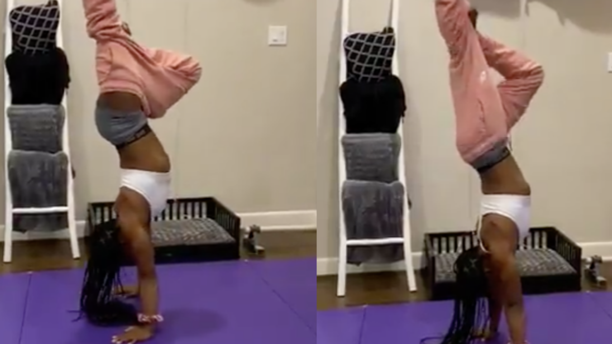 Simone Biles Just Crushed Her Own Version Of The 'Handstand Challenge'—By Somehow Taking Off Her Sweatpants With Just Her Feet