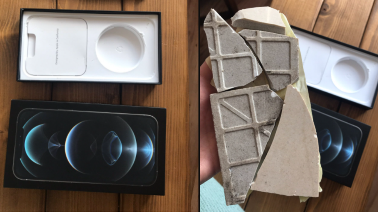 Woman Furious After Unboxing Her New iPhone 12 Only To Discover It's Full Of Broken Tile Instead