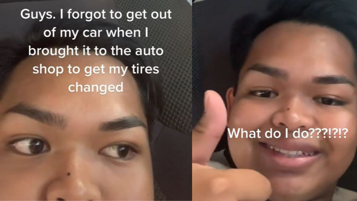 Guy Freaks Out After Somehow Forgetting To Get Out Of His Car While Getting The Tires Changed