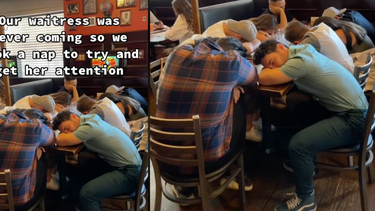 Table Of Men Called Out After Pretending To Fall Asleep To Get Their Busy Server's Attention