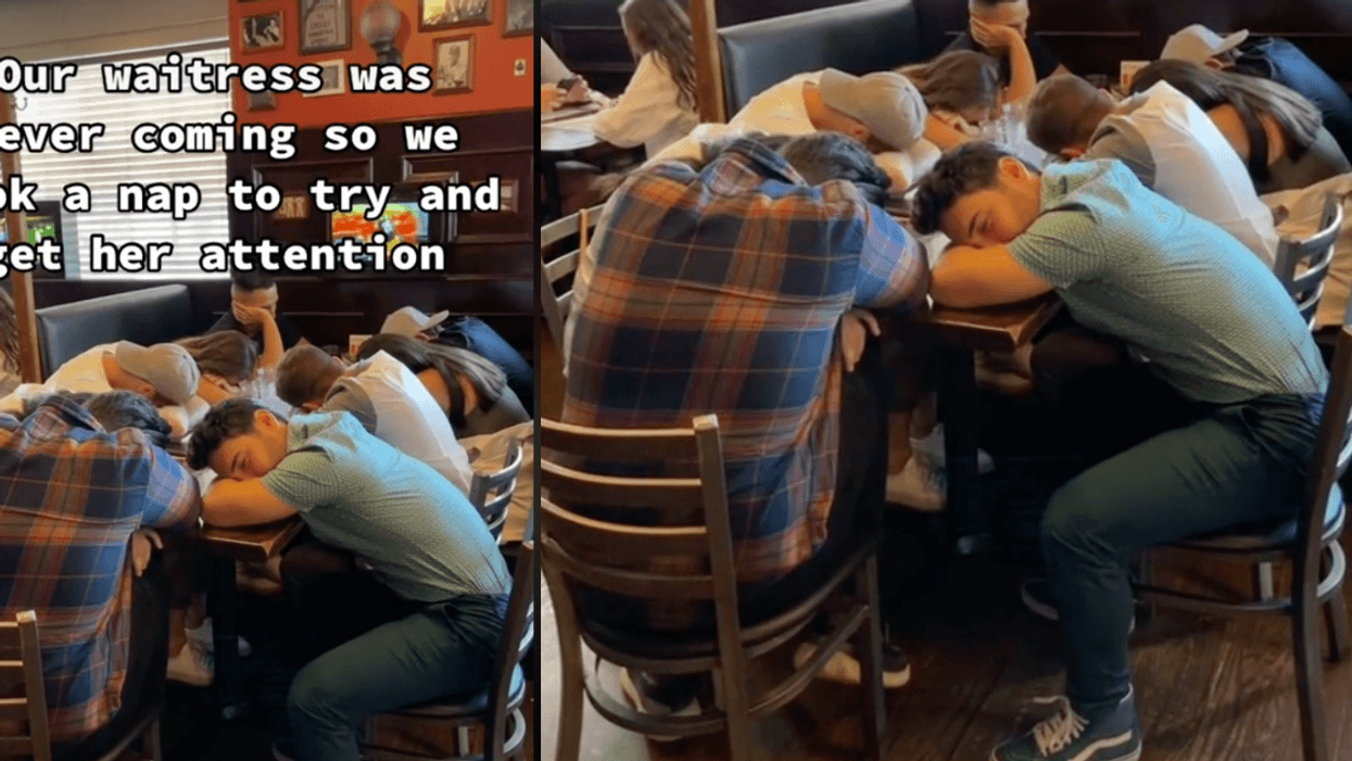 Table Of Men Called Out After Pretending To Fall Asleep To Get Their Busy Server's Attention
