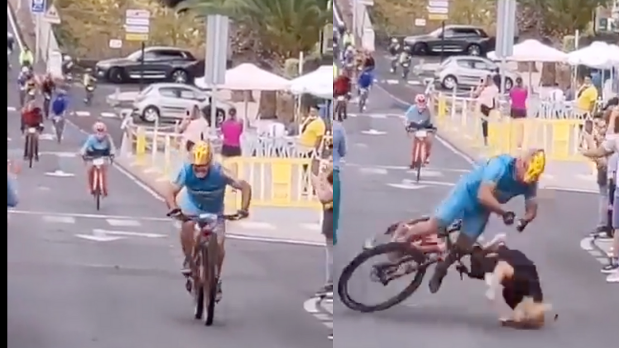 Cyclist Sprinting To Race's Finish Line Smashes Hard Into Woman Who Was Looking At Her Phone