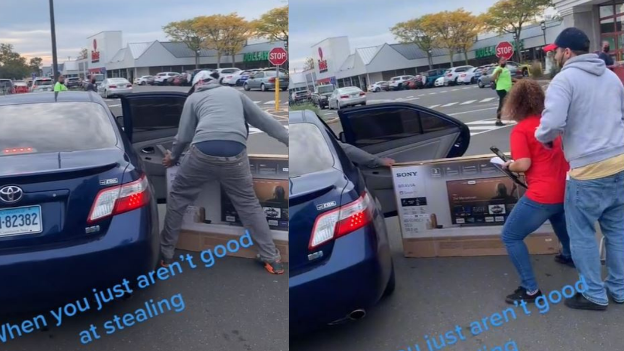 Shoppers Mock Would-Be Thief As He Tries To Steal A TV But Can't Even Fit It Into His Car