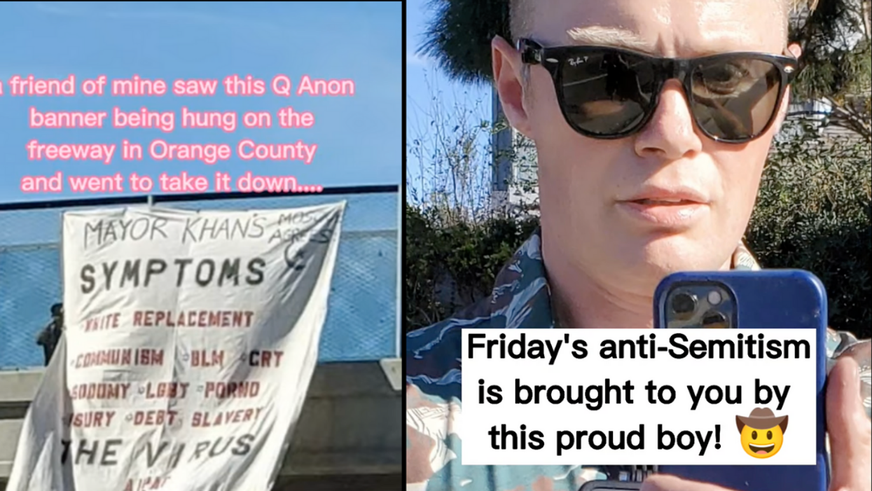 QAnoners Throw Bigoted Tantrum After Guy Cuts Down Their Antisemitic Sign Over A Freeway
