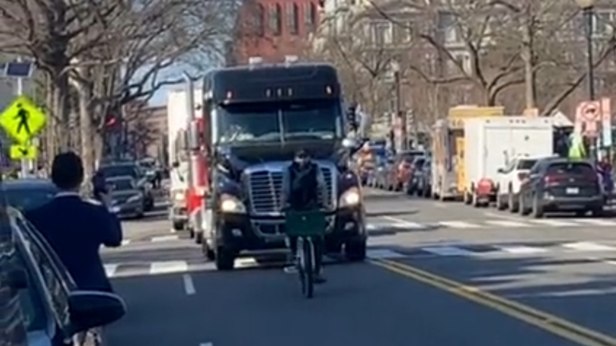 D.C. Bicyclist Becomes Internet Hero After Singlehandedly Holding Up 'Freedom Convoy' Truck Protest