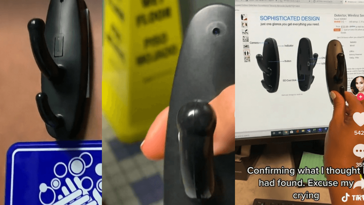 TikToker Horrified After Discovering Hidden Camera Disguised As A Coat Hook In Office Bathroom
