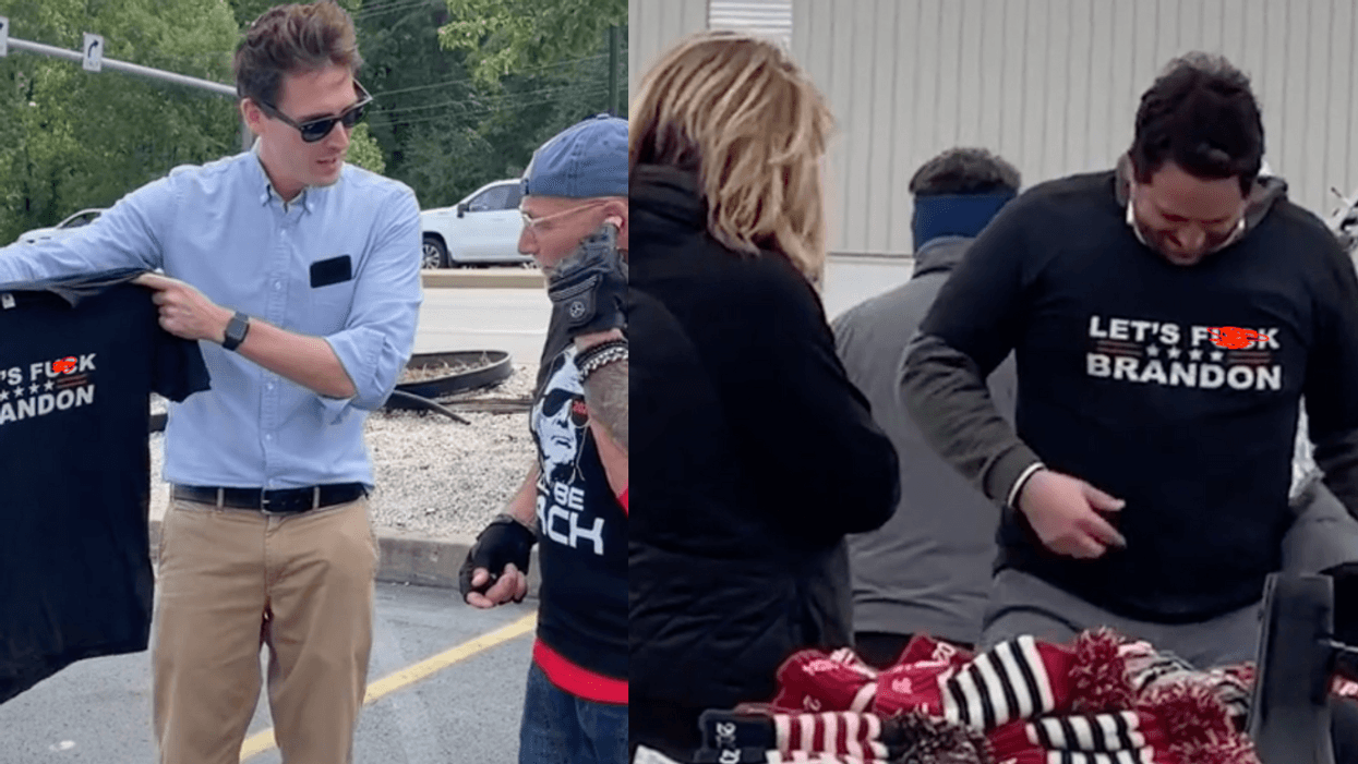 Comedians Epically Troll MAGA Fans By Selling Them 'Let's F**k Brandon' Shirts At Rally
