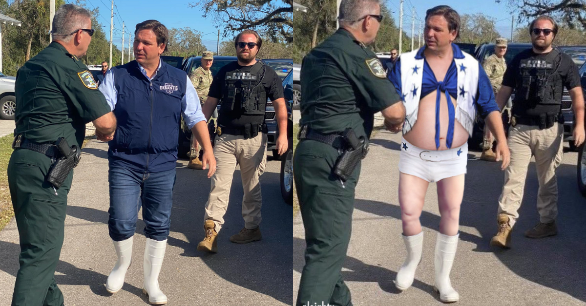 DeSantis Showed Up To Hurricane Ian Photo Op In White Boots—And Photoshoppers Got To Work