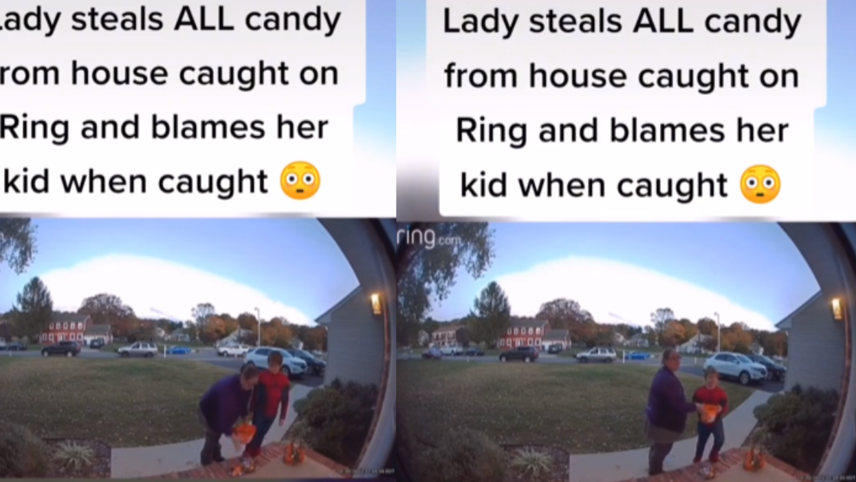 Mom Caught on Camera Taking Entire Bowl of Halloween Candy—Then Blames Her Son After She's Called Out