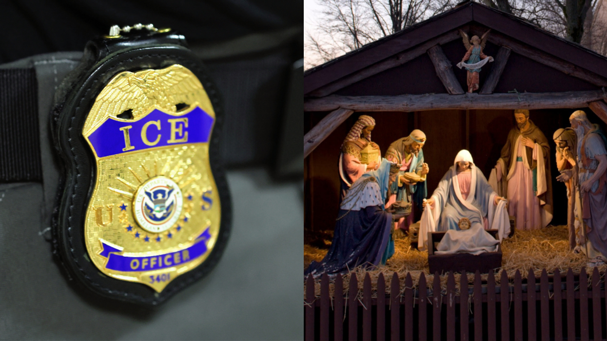 Immigration and Customs Enforcement badge; nativity scene outside a church