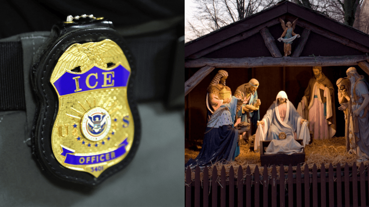 Immigration and Customs Enforcement badge; nativity scene outside a church