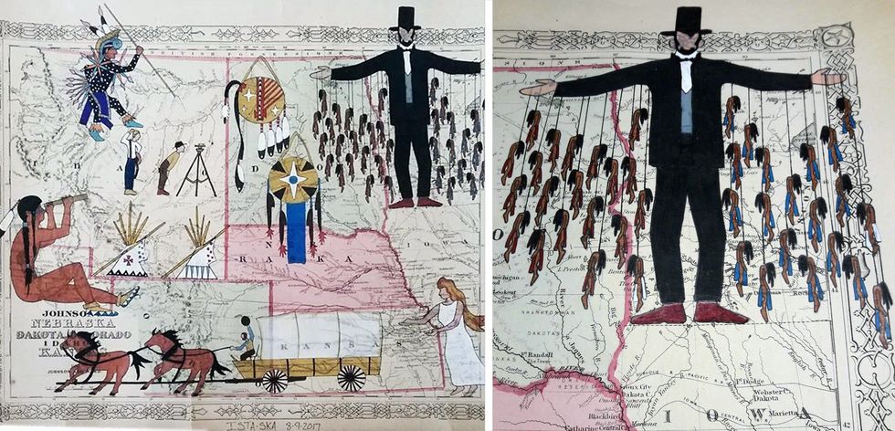 Indigenous ledger art on map depicting westward expansion