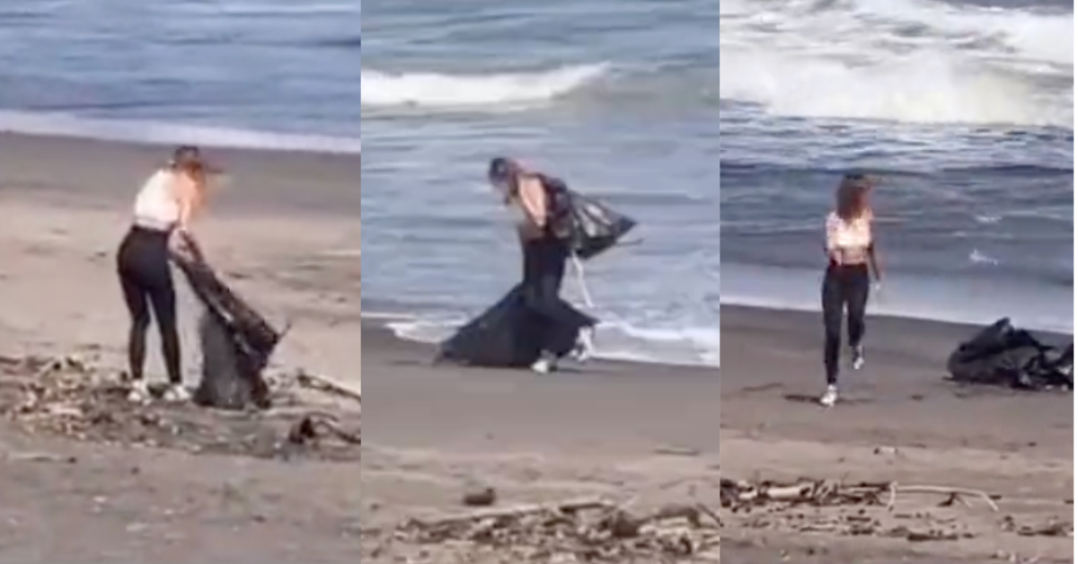 Influencer cleaning beach and leaving trash bag behind