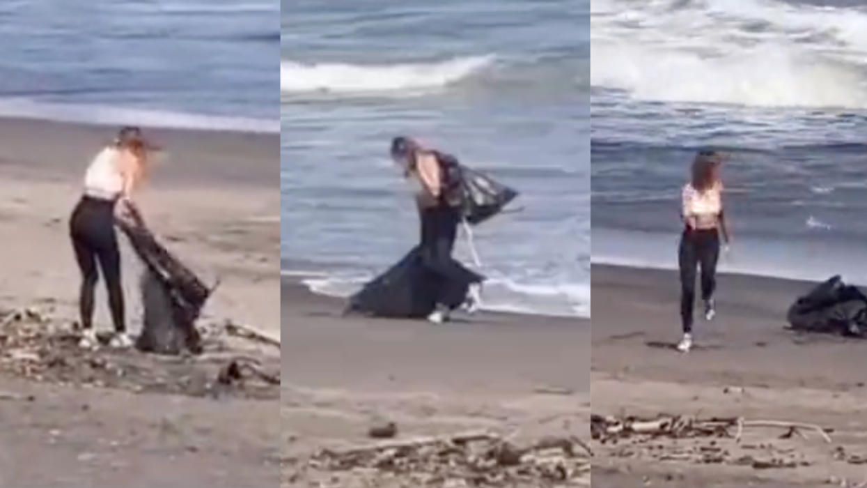 Influencer cleaning beach and leaving trash bag behind