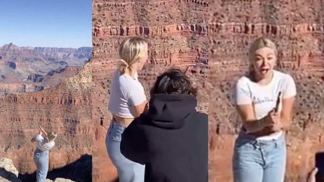 Influencer Katie Sigmond hitting a golf ball into the Grand Canyon