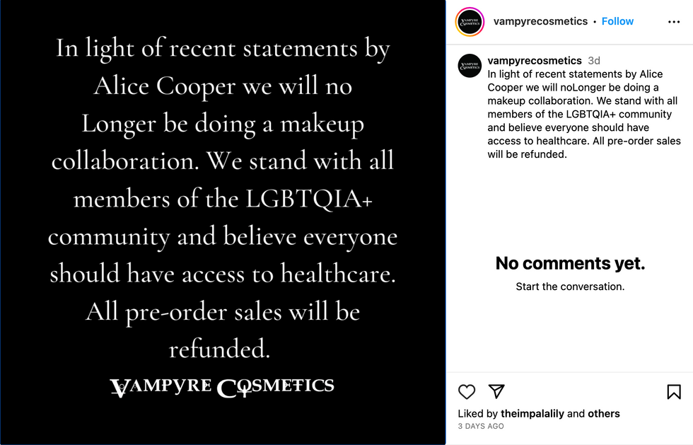 Instagam screenshot of @vampyrecosmetics' post