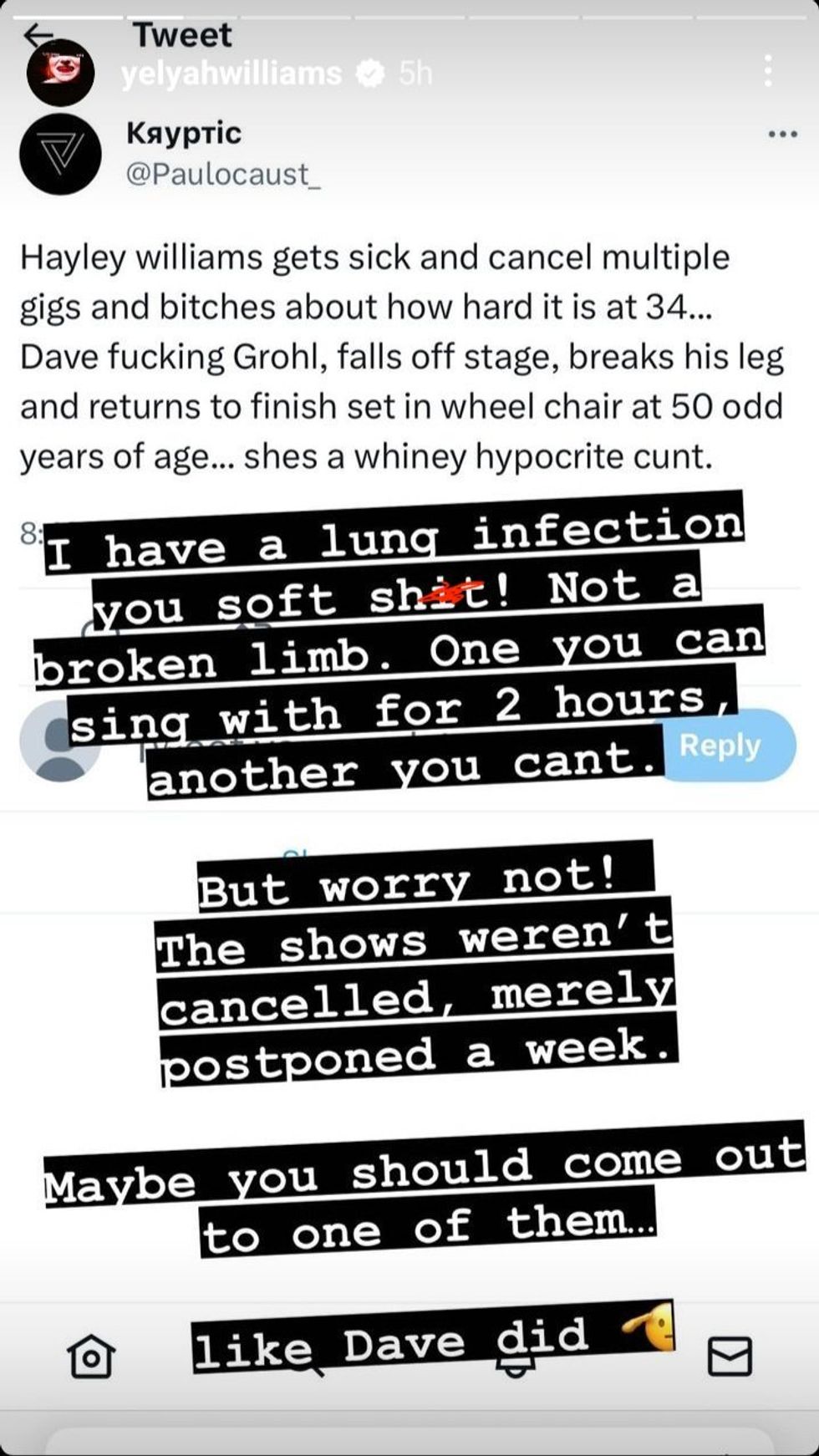 Instagram screenshot of Hayley Williams' Instagram story