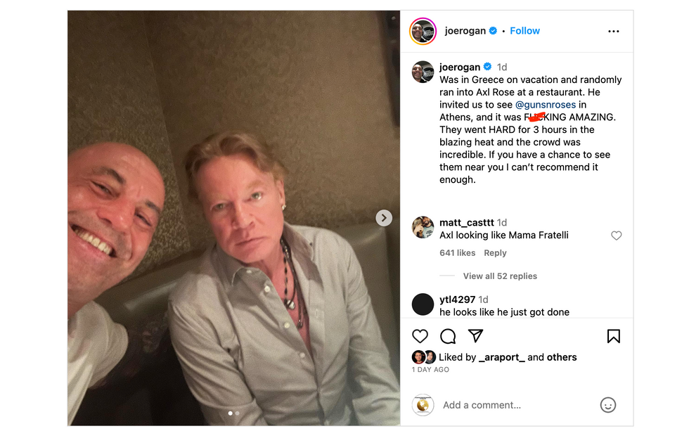 Instagram screenshot of Joe Rogan's selfie with Axl Rose