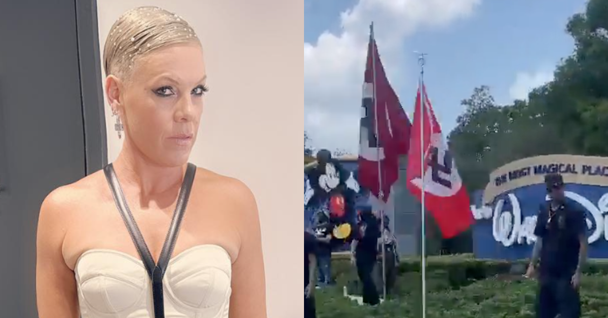 Instagram screenshot of P!nk; Twitter screenshot of White supremacists waving Nazi flags outside Disney World