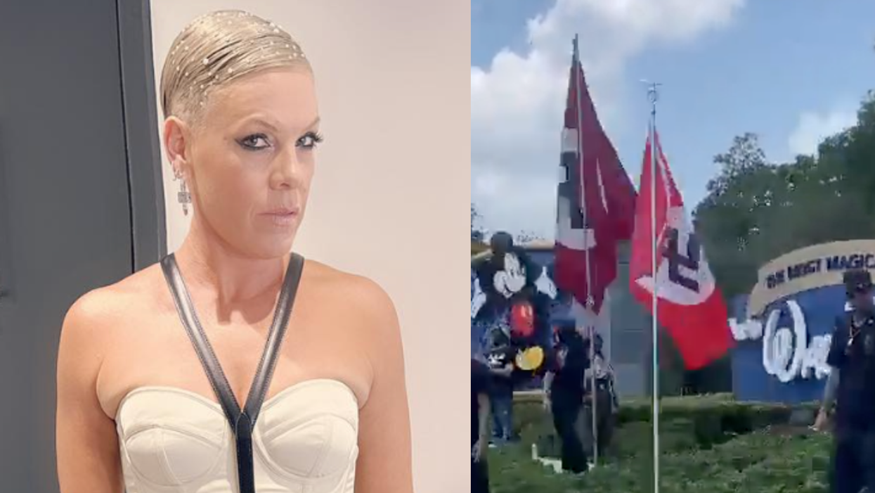 Instagram screenshot of P!nk; Twitter screenshot of White supremacists waving Nazi flags outside Disney World