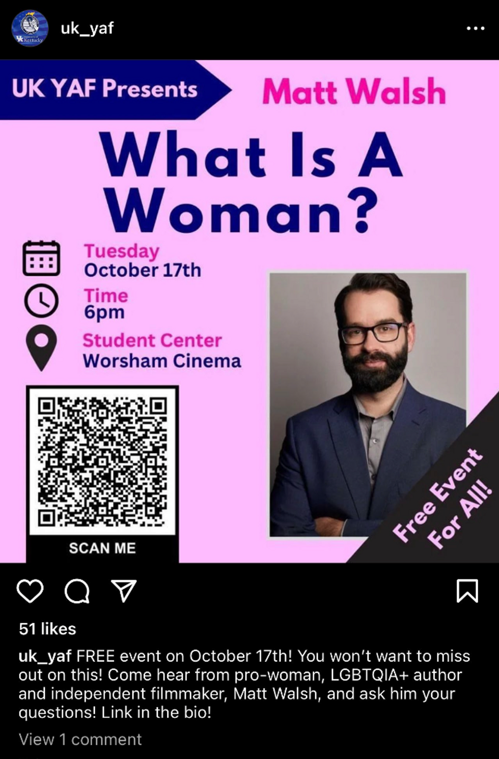 Instagram screenshot of University of Kentucky event featuring Matt Walsh