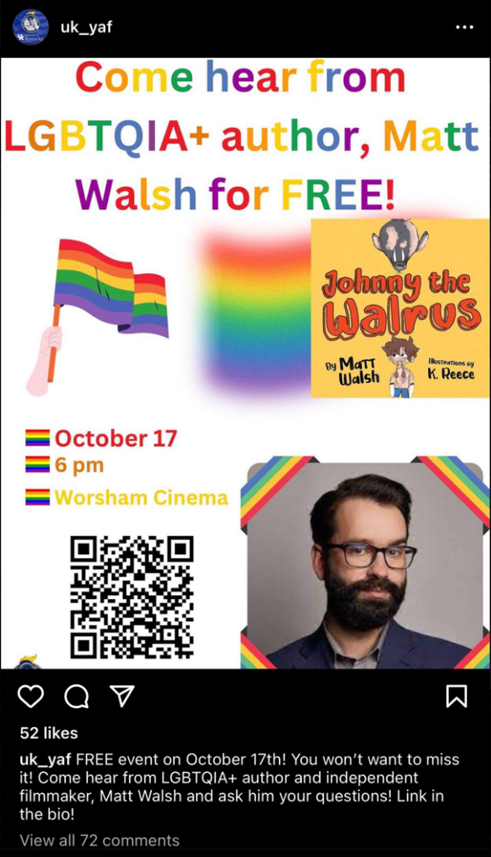 Instagram screenshot of University of Kentucky event featuring Matt Walsh
